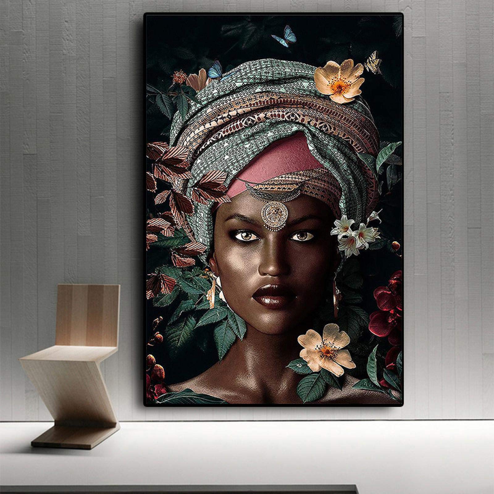 OCEANGOD Wandkunst Bilder Afrikanische Frauen Blumen Leinwand Poster Abstrakte Gemälde Mädchen Kunstdrucke für Wohnkultur, Fertig zum Aufhängen 30x40cm Innenrahmen