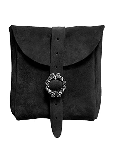 Andracor Mittelalter LARP Zubehör mittelgroße Veloursleder Gürteltasche aus echtem Leder - 15 x 15 cm - schwarz