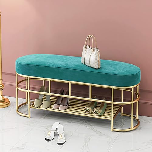 Luxuriöse Eingangsbank mit goldenem Schuhregal, Samt-Schuhbank, Schuhaufbewahrungsbank, Moderne Schuhregal-Bank, Schuh-Organizer für Eingangsbereich, Wohnzimmer, grün, 80 x 35 x 45 cm (31 x