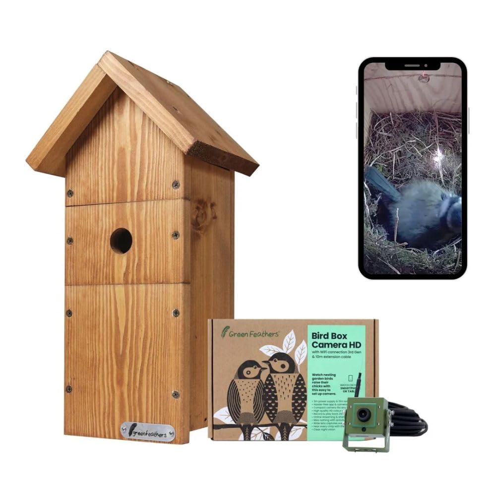 Green Feathers WiFi Vogelhäuschen-Kamera, 1080p HD Smart-Kamera mit Aufnahme- und Nachtsichtfunktion, Garten-Wildtierkamera zur Vogelbeobachtung, Wildtierbeobachtung auf Telefon – 10 m-Set