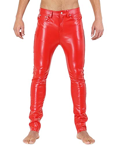 Bockle® F-Skinny Lederhose Herre Kunstlederhose Rot Tube Röhre Skinny Slim Fit Herren, Size: W42/L36