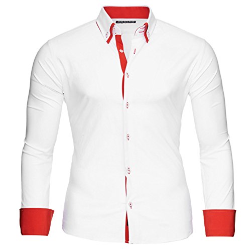 Reslad Herren Hemden bügelfreies Slim Fit Freizeithemd Männer Hemd Businesshemd zweifarbig 2 Kragen RS-7050 Weiß Rot Gr L