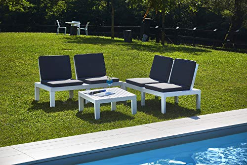 Dmora Outdoor-Set bestehend aus 4 Sitzen mit Kissen und einem Multifunktionstisch, Made in Italy, weiße Farbe