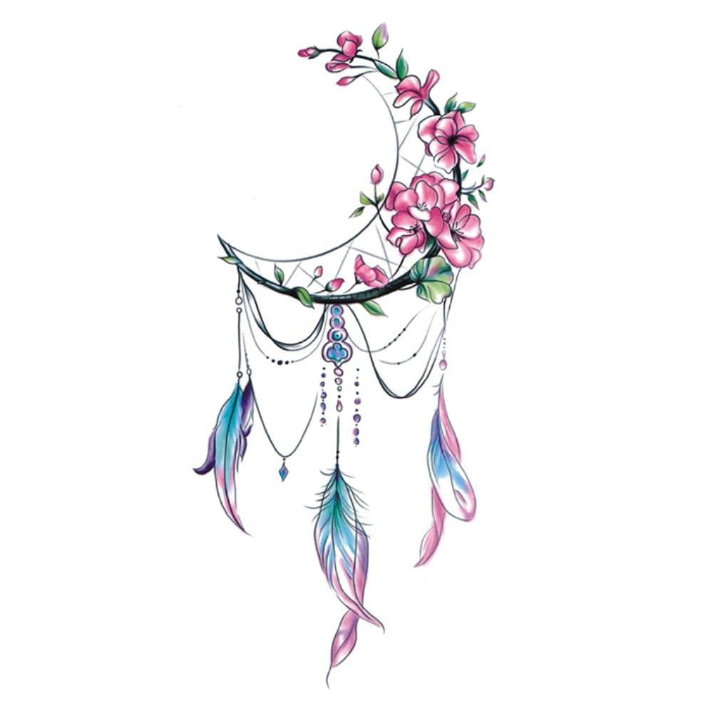 Tätowierung, temporäre Tätowierungen, 5 Blatt Stücke von Moon Shop Dream Net Feather Flowers Kleine frisch bemalte Rückseite Knöchel Mädchen Herz Schöne Feenaufkleber