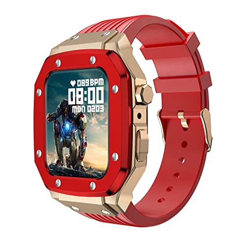 KANUZ Silikon-Uhrenarmband für Apple Watch Serie 8 + Edelstahl-Uhrengehäuse 45 mm, 44 mm, 42 mm, Metallrahmen-Modifikations-Set (Farbe: Rot, Größe: 44 mm)