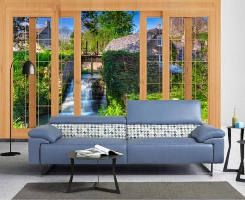 Fenster Wasserfälle Häuser 3D Tapete Poster Restaurant Schlafzimmer Wohnzimmer Sofa TV Dekorative Wand-150cm×105cm