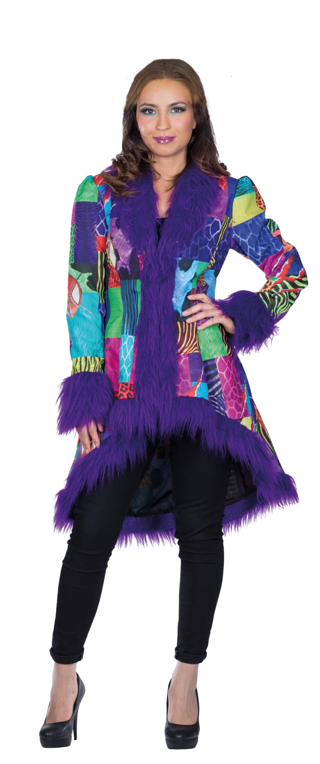 PartyXPeople Kostüm Patchwork Mantel Damen | Fasching Karneval Jacke | Patchwork Plüsch lila-bunt 118230-46