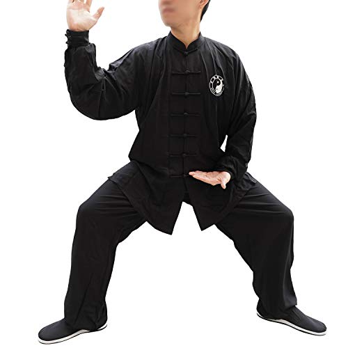 Dee Plus Kampfkunst Tai Chi Anzüge | Unisex Kung Fu Uniform Set | Traditionelle Chinesisch Kostüm Lange Ärmel aus Baumwolle für Qigong Wing Chun Shaolin Wushu Training Jacke Hose Herren Damen Schwarz