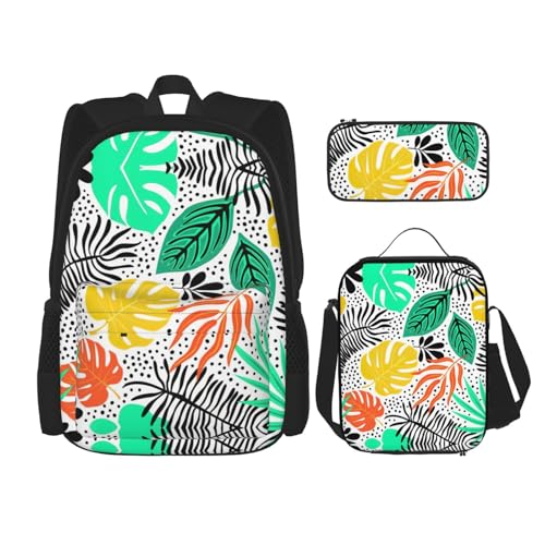 WURTON Farbenfrohes Rucksack-Set mit Blattmuster, Schultasche mit Lunchtasche, Federmäppchen, Kombination, Schultaschen-Set