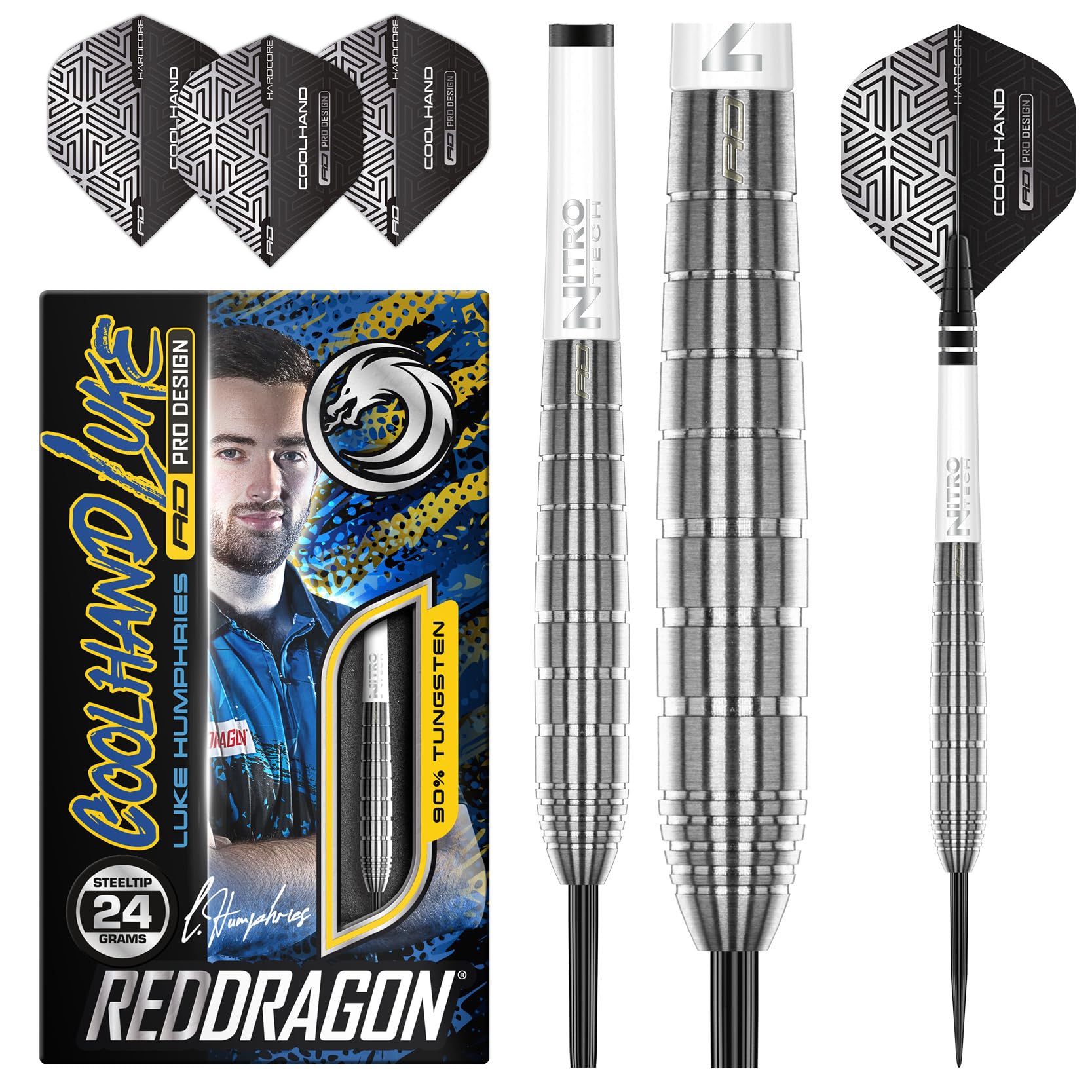 RED DRAGON Luke Humphries TX1 24 Gramm Premium Wolfram Steeltip Dart Set mit Flüge und Schäften