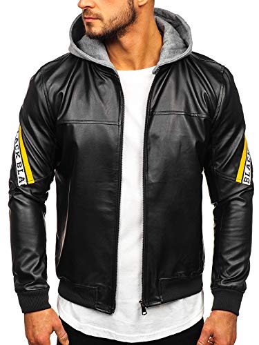 BOLF Herren Lederjacke Kunstlederjacke Bikerjacke Übergangsjacke Steppjacke Motorradjacke Pilotenjacke Fliegerjacke Bomberjacke Kapuze Stehkragen Casual Style RED Fireball HY614 Schwarz-Gelb M [4D4]