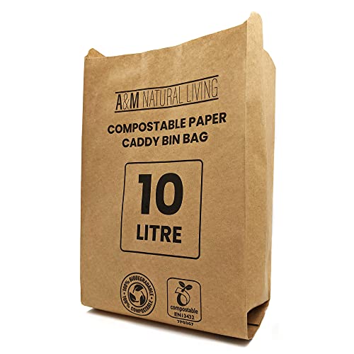 A&M Natural Living 100 x 10 Liter Papier-Müllbeutel für Lebensmittelabfälle, 100 % kompostierbar und biologisch abbaubar, nachhaltig, braun, EN13432 zertifiziert (100 Müllbeutel)