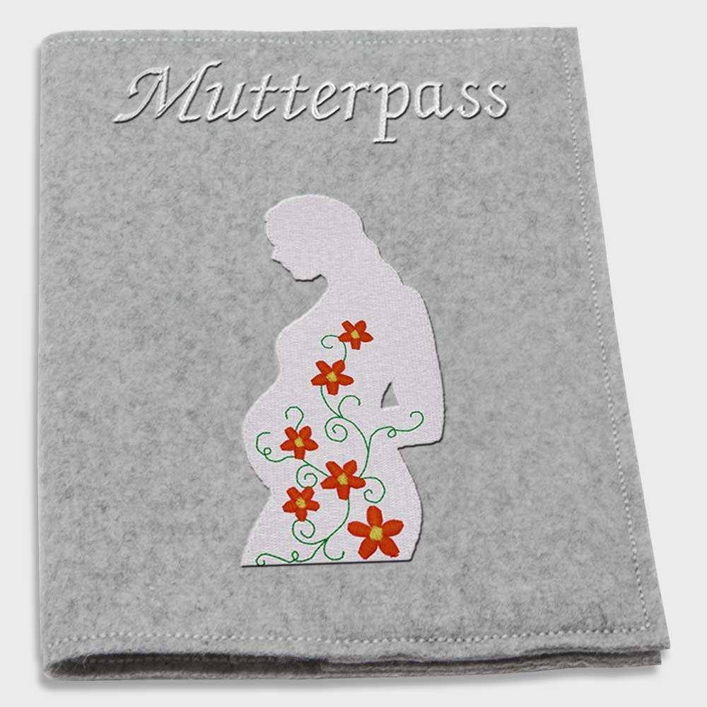 Mutterpass-hülle Wollfilz bestickt Motiv Schwangere Blume Filzfarbwahl hellgrau grau dunkelgrau Handarbeit passend für den deutschen Mutterpass (hellgrau)