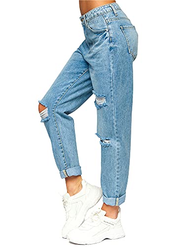 BOLF Damen Jeanshose High Waist Jeans Mom Jeanspants Sweatpants Used Look Denim DM321M Blau XS [F6F]