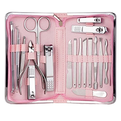 OPKDE 11–26-teiliges professionelles Nagelknipser-Set, Maniküre-Set, Edelstahl, Nagelschneider, Schere, Nagelhautzange, Nagelwerkzeug-Set (21 Stück, rosa)