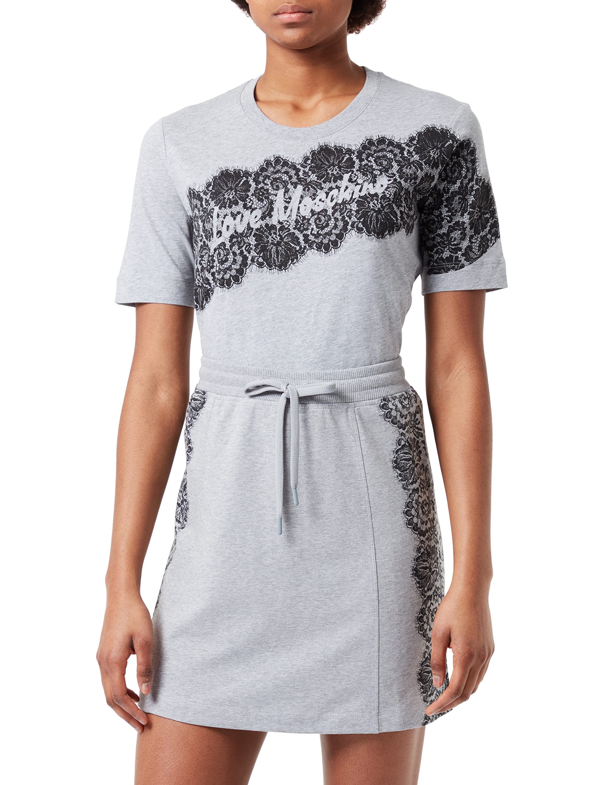 Love Moschino womens with handmade lace print T-Shirt, Melange LIGHT GRAY, 40