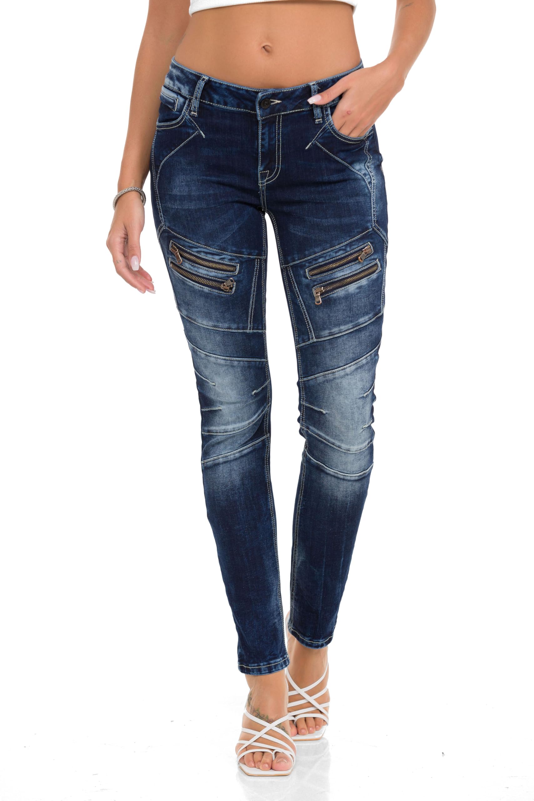 Cipo & Baxx Damen Jeansshose Slim Fit Casual Used Look Denim Jeans Hose Baumwolle WD501 Blau W29 L32