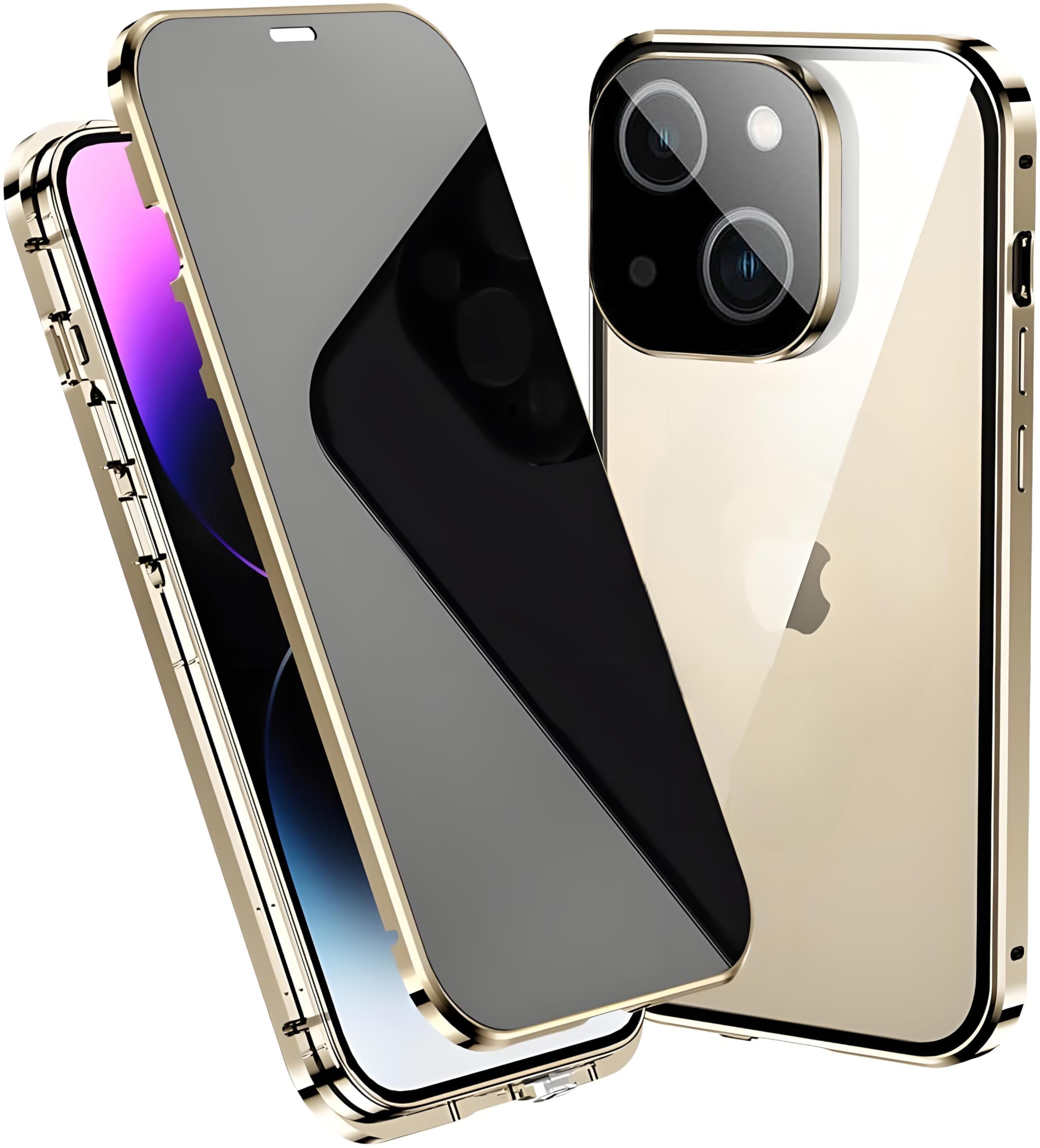 Anti spy Hülle für iPhone 15 360 Grad Ganzkörper HandyHülle Eingebaut Panzer Glas Sichtschutz Schutz Folie und Kamera len's Cover Stoßfest Komplettschutz Anti Peeping Case,Gold