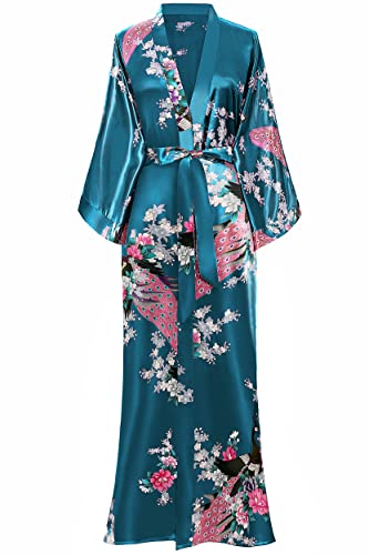 BABEYOND Damen Kimono Robe Lange Roben mit Pfau und Blüten Bedrucktes Kimono Nachthemd, türkis, 42