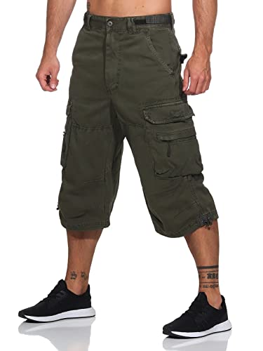 Jet Lag Herren 3/4 Cargo Shorts Safety B Kurze Hose mit Seitentaschen Olive 4XL