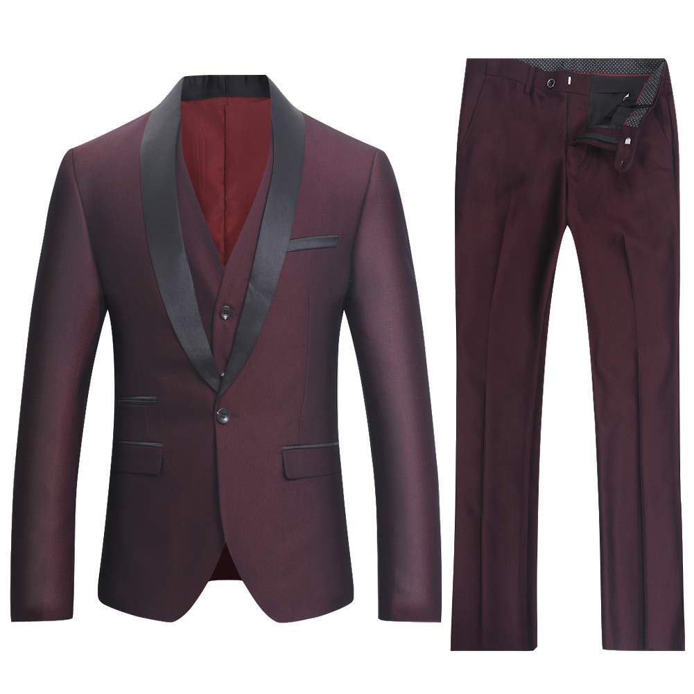 YOUTHUP Herren 3-Teilig Anzüge Business Smoking Slim Fit Party Herrenanzug Sakko Hose Weste, Burgund, M