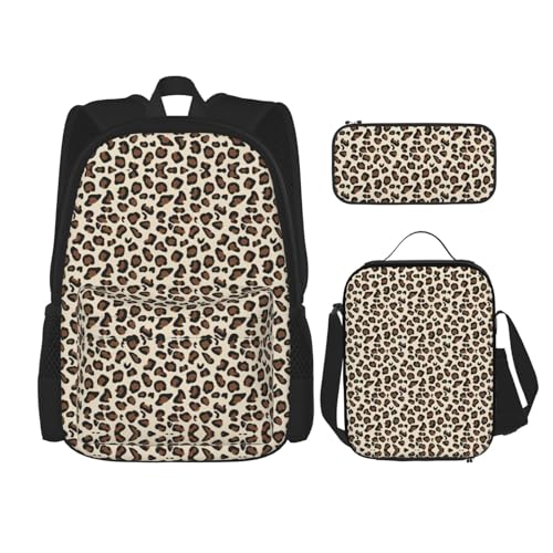 WURTON Rucksack mit Leopardenmuster, 3-in-1, Büchertaschen-Set, Lunchbox, Federmäppchen, Reise-Laptop, Tagesrucksäcke, Schwarz, Einheitsgröße