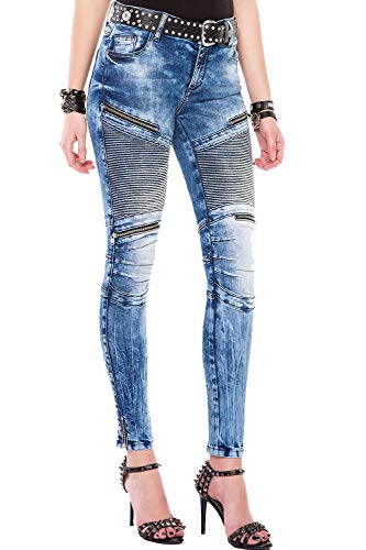 Cipo & Baxx Damen Skinny Jeans 5 Pocket Look High Rise Biker Denim Jeanshose mit Zippern Blau W29 L32