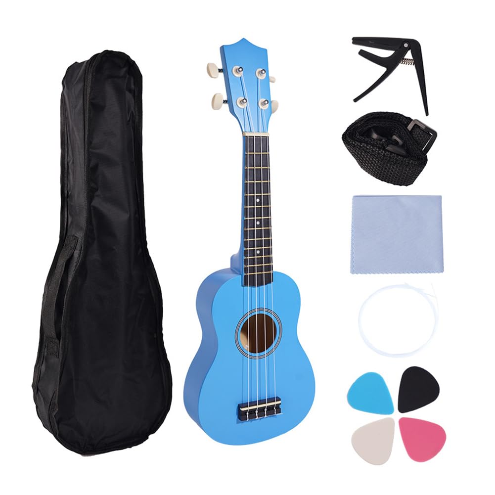 Carriere 21-Ukulele-Set für Anfänger, 4-Saitige Kleine Gitarre, Lindenholz-Ukulele mit Tragetaschenclip und 4 Plektren – Blau, Langlebig, Einfache Installation