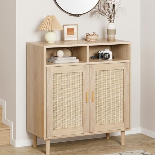 ThinkMax Sideboard Schrank, Anrichte Rattan, Buffetschrank, Küchenschrank mit 2 Offenem Fach & 2 Rattan Türen, Kaffeebarschrank, Kommode Holz, Küchenbuffet für Küche Wohnzimmer Esszimmer, Natur