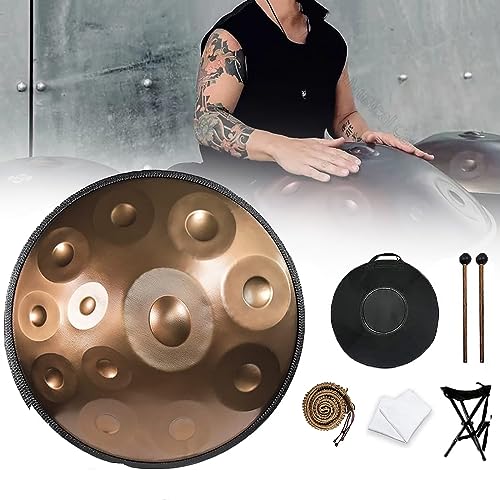 Handpan Drum Instrument 22 Zoll Schlaginstrument, D-Moll 9 10 12 Noten Stahl Handtrommelmit weicher Handpantasche, 2 Handpanschlägel, Handpanständer, fusselfreiem Tuch 12Notes Gold