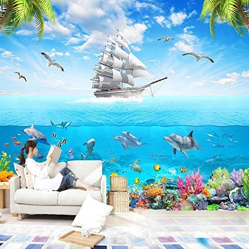 XLMING Segelboot Delphin Unterwasserwelt Cartoon Küche Esszimmer Arbeitszimmer Wohnzimmer TV Hintergrund Wand 3D Tapete-300cm×210cm