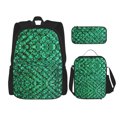 WURTON Schulrucksack-Set mit grünem Fischschuppen-Druck, 3-in-1-Büchertaschen-Set mit Lunchbox, Federmäppchen, Reise-Laptop-Tagesrucksäcke