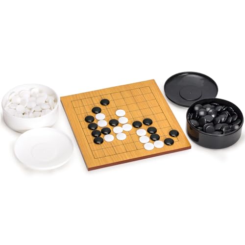 Yellow Mountain Imports Buchenholz-Furnier 1 Zentimeter Geätztes 9 x 9 Go-Spielbrett-Set für Anfänger mit Einseitig Konvexen Melamin-Steinen - Klassisches Strategie-Brettspiel (Baduk/Weiqi)