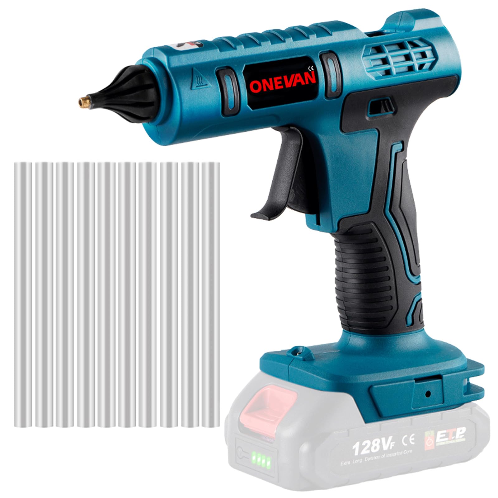 ONEVAN Heißklebepistole Kabellos mit 10stk. 11mm Klebestifte, 100W Akku Heissklebepistole Klebepistole Kabellos Hot Glue Gun für 18V Makita-Akku (ohne Akku)