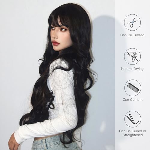 Perücken Perücke mit Pony for die tägliche Party, Cosplay, hitzebeständig, schwarzes Lolita-Naturhaar for Frauen, koreanische lange, lockige, gewellte Kunstfaser Damenperücke(Wig-LC8142-1)