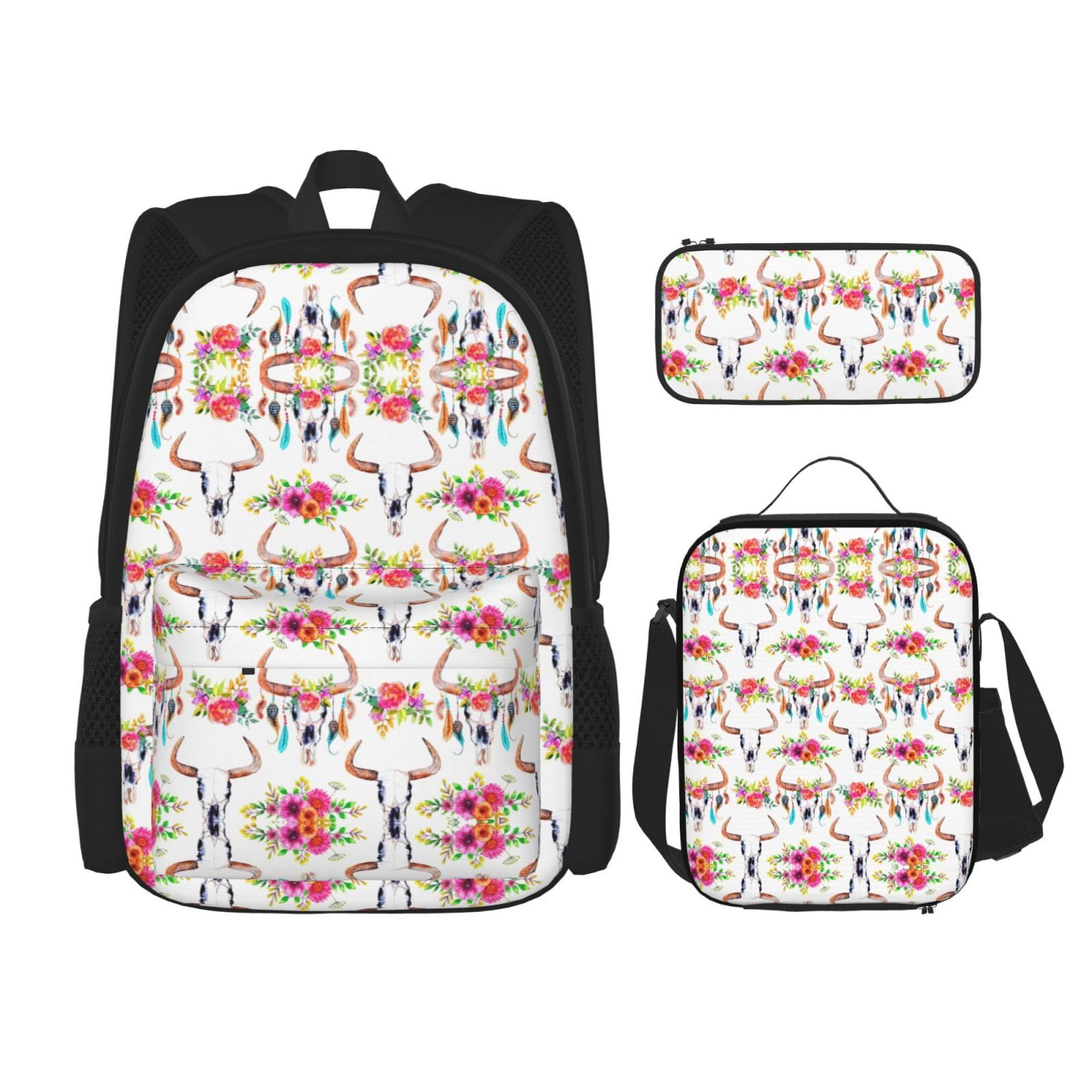 WURTON Runner Bull Skull Print Lunchbox Federmäppchen Rucksack Set 3 Stück Verstellbare Träger Langlebig Leicht, Schwarz, One Size