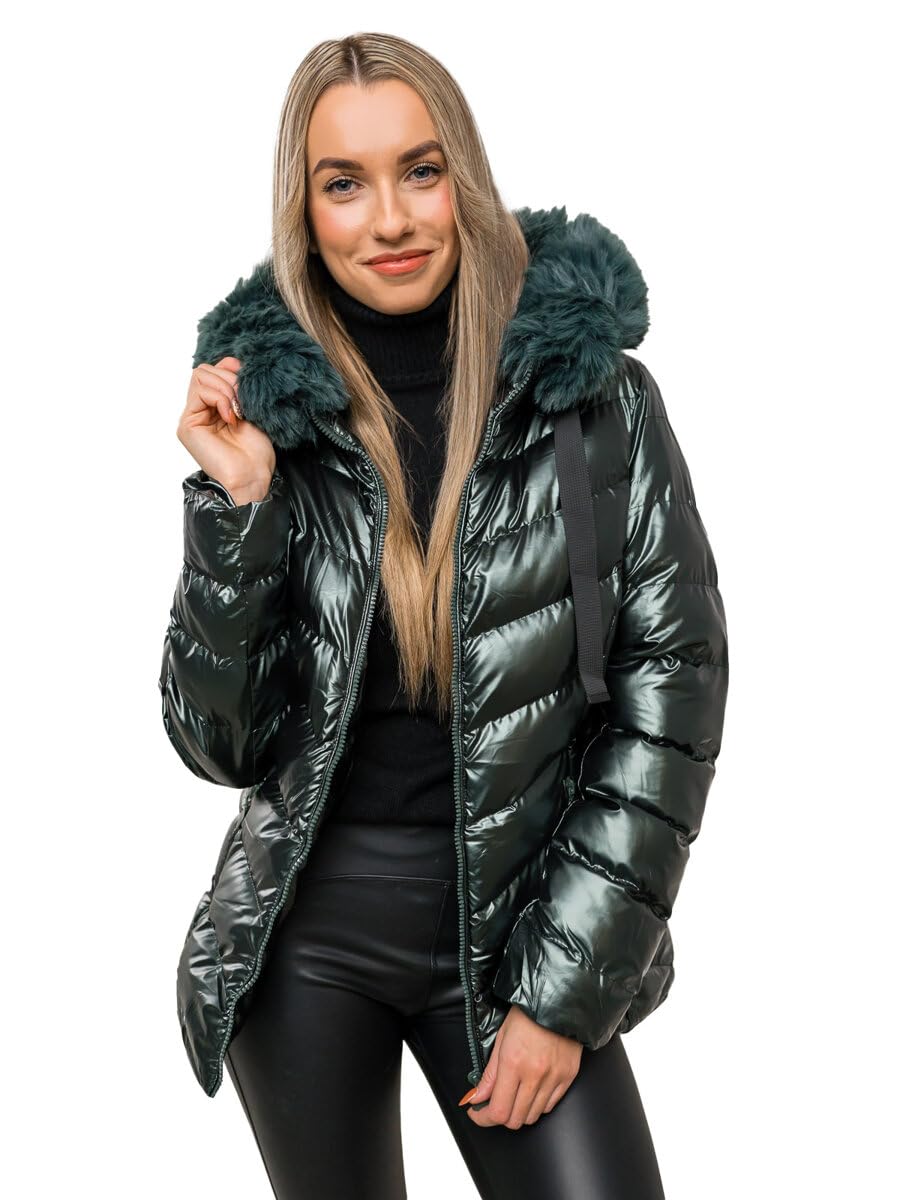 BOLF Damen Winterjacke Parka Gefüttert mit Kunstfell Kapuze Wintermantel Lange Steppjacke Daunenjacke Puffermantel Sportjacke Warm Gefüttert Freizeit Outdoor Casual Style 5M3138 Grun M [D4D]