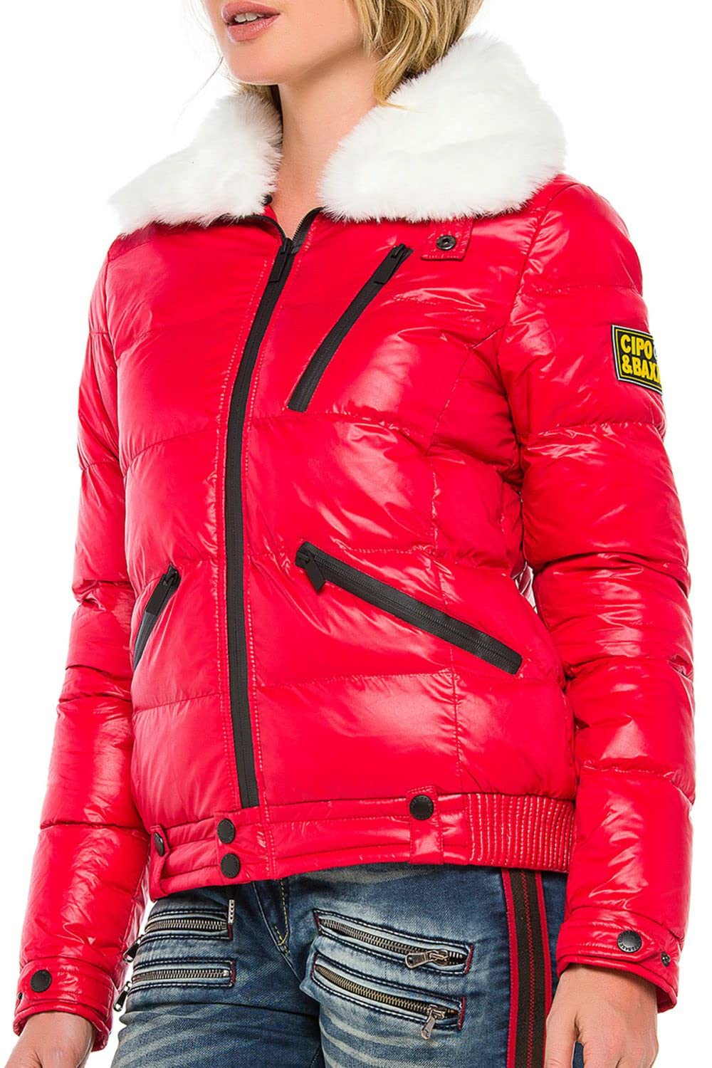 Cipo & Baxx Damen Winterjacke Steppjacke Kunstfellkragen Outdoorjacke Warm Design Rot M