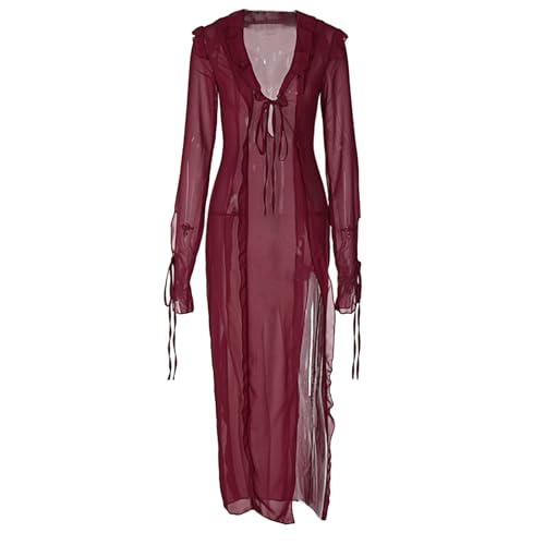 Mllepjdh Damen Mesh Badeanzug Ups Kleid Einfarbig Langärmelig Schnürung Durchsichtiges Mesh Figurbetont Strand Maxi Langkleid