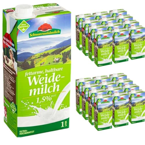 Schwarzwaldmilch Milch fettarme H-Milch, 1,5% Fett Haltbare Milch, Weidemilch, je 1 Liter, 24 Stück+ pufai