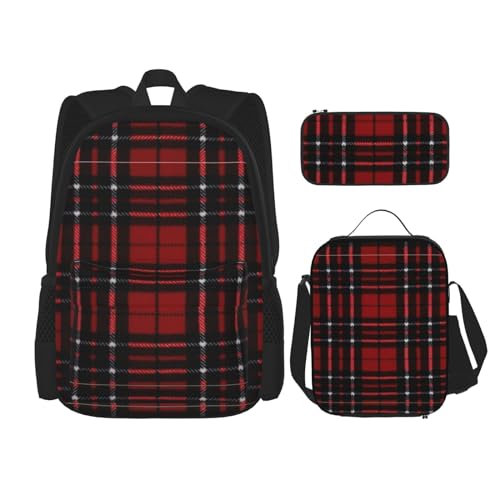 WURTON Rucksack-Set mit verstellbaren Schulterriemen, Lunch-Tasche, Federmäppchen, Kombinationstaschen, Rot und Schwarz