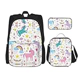 WURTON Trendiger Rucksack, Lunchbox, Federmäppchen, 3-in-1, verstellbarer Rucksack, Motiv: Einhörner, rosa, Schwarz , Einheitsgröße