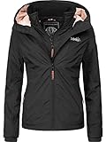 MARIKOO leicht gefütterte Damen Übergangsjacke kurz Outdoor-Jacke mit kuscheligem Fleece-Innenfutter und großer Kapuze Erdbeere Schwarz Gr. L