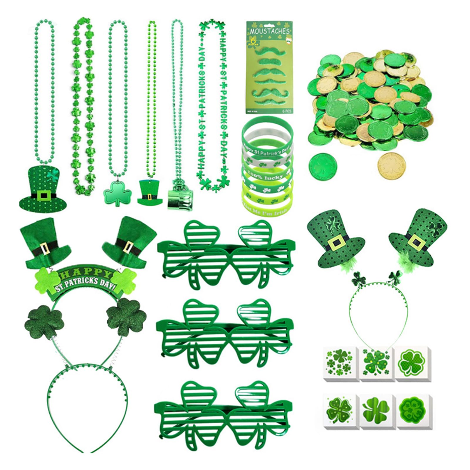 MEELYHOME Patricks Day Accessoires Kostüm für Irische Unisex Grüne Brille Halskette Körper Aufkleber Armband Münze & Stirnband Karneval Kostüm