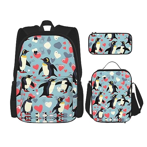 WURTON I Love Penguins Print Reise Lunchbox Federmäppchen Rucksack Set 3 Stück Verstellbare Träger Leicht, Schwarz, Einheitsgröße, Schwarz , Einheitsgröße