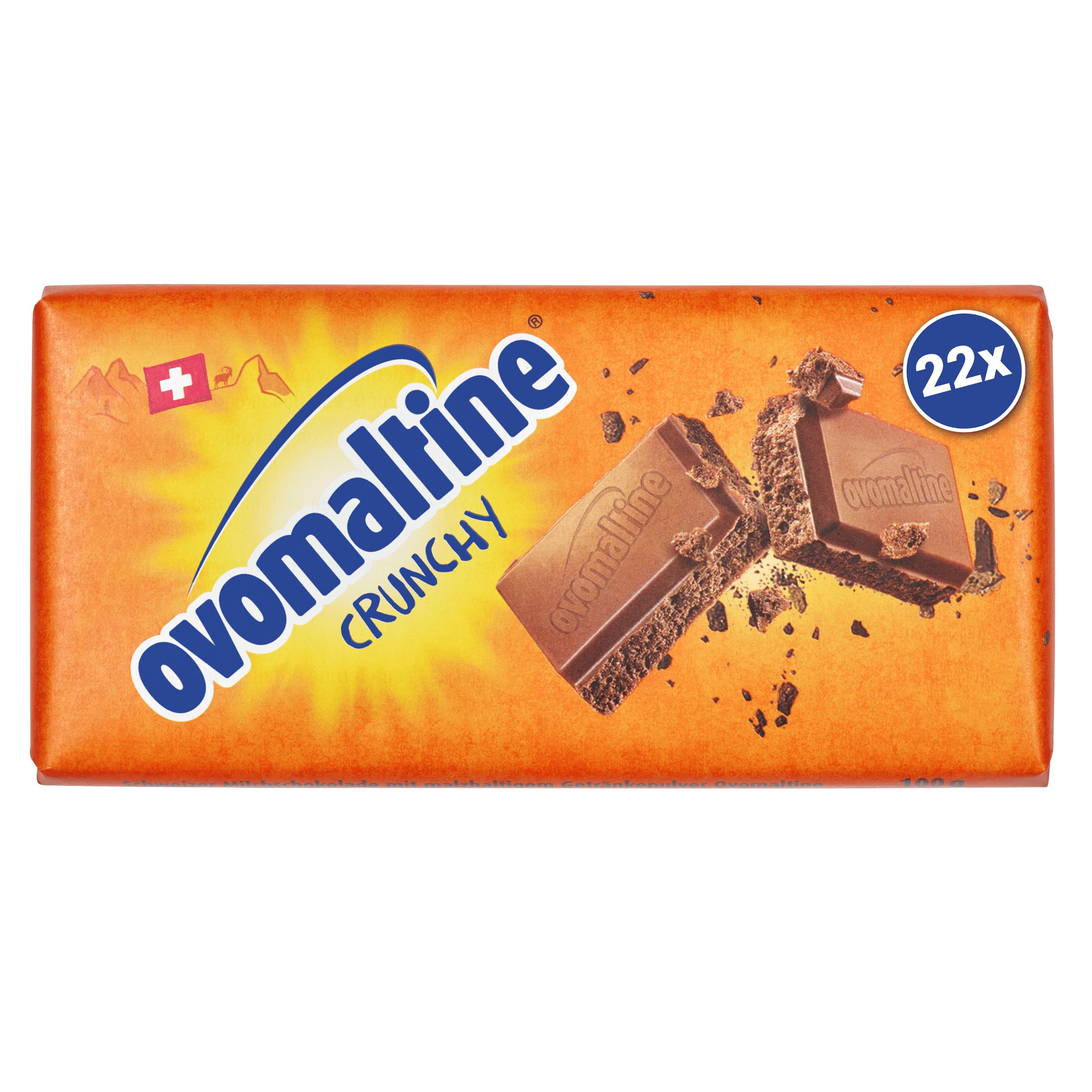 Ovomaltine Crunchy Tafel-Schokolade - Original Schweizer Vollmilch Schokoladen-Tafel mit knusprigen Stückchen aus feinstem Kakao, nachhaltig (22 x 100g)