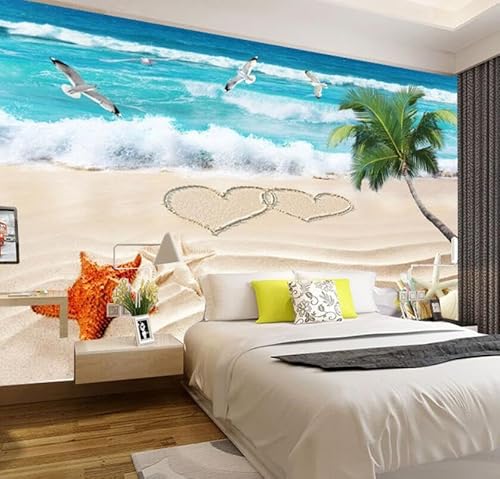 tyujlkjddlf Tapete Wandbild 3D Benutzerdefinierte Tv-Hintergrundbild, Wohnzimmer, Schlafzimmer, Strand, Meer, Kokospalme, Blauer Himmel, Weiße Wolken, Mediterranes Wandbild-300Cmx210Cm