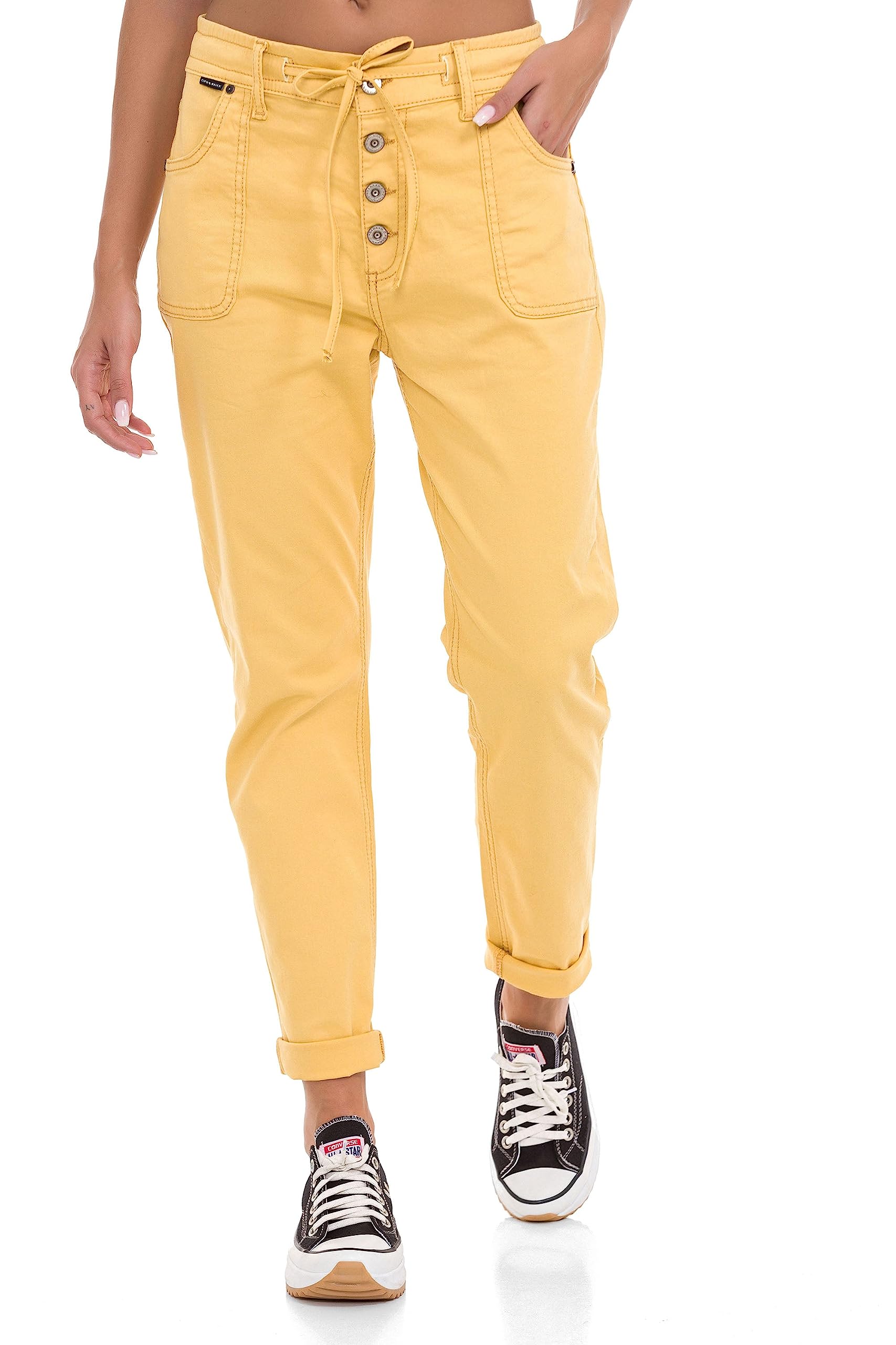 Cipo & Baxx Damen Chino-Hose, Lässige Passform Freizeit Hose, Knöpfen Versehen Design, 97% Baumwolle Hose für Frauen, Casual Klamotten für Teenager Mädchen, WD508, Mustard, W29 L32