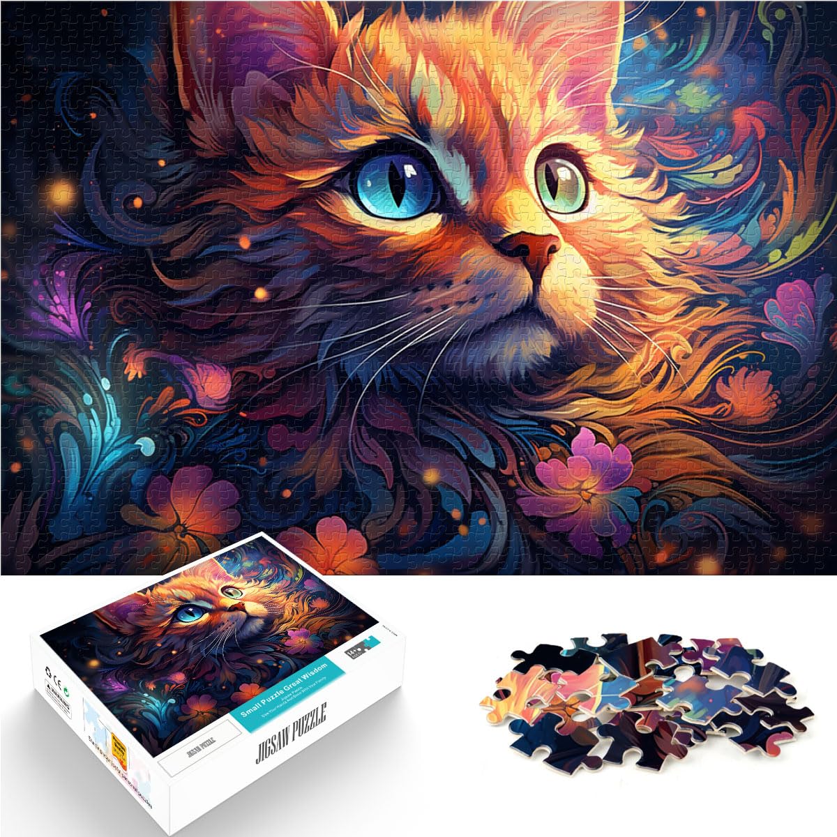 Puzzles Farbenfrohes, psychedelisches, süßes Katzenpuzzle für Erwachsene, 1000 Teile, jedes Teil ist einzigartig – anspruchsvolles, unterhaltsames Familienspiel, 1000 Teile (50 x 75 cm)