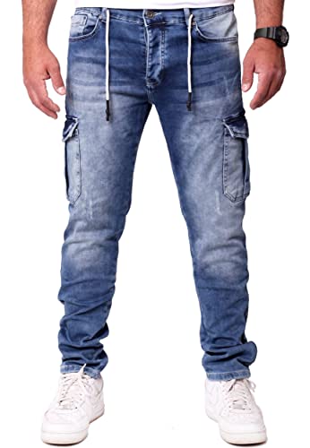 Reslad Cargohose Jeans Herren Cargo Hose - Sweathose in Jeansoptik mit Taschen l Stretch Denim Männer Jeanshose Slim Fit RS-2100 Blau W38 / L32